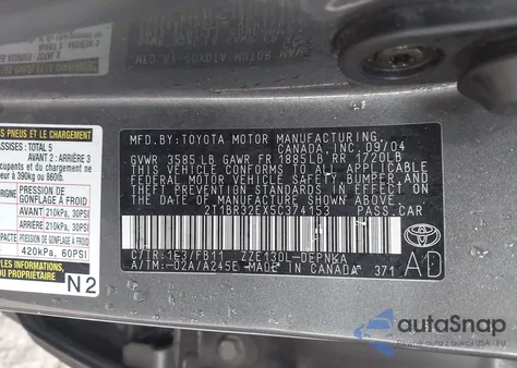 2005 Toyota Corolla Le z USA, uszkodzony, nr VIN 2T1BR32EX5C374153